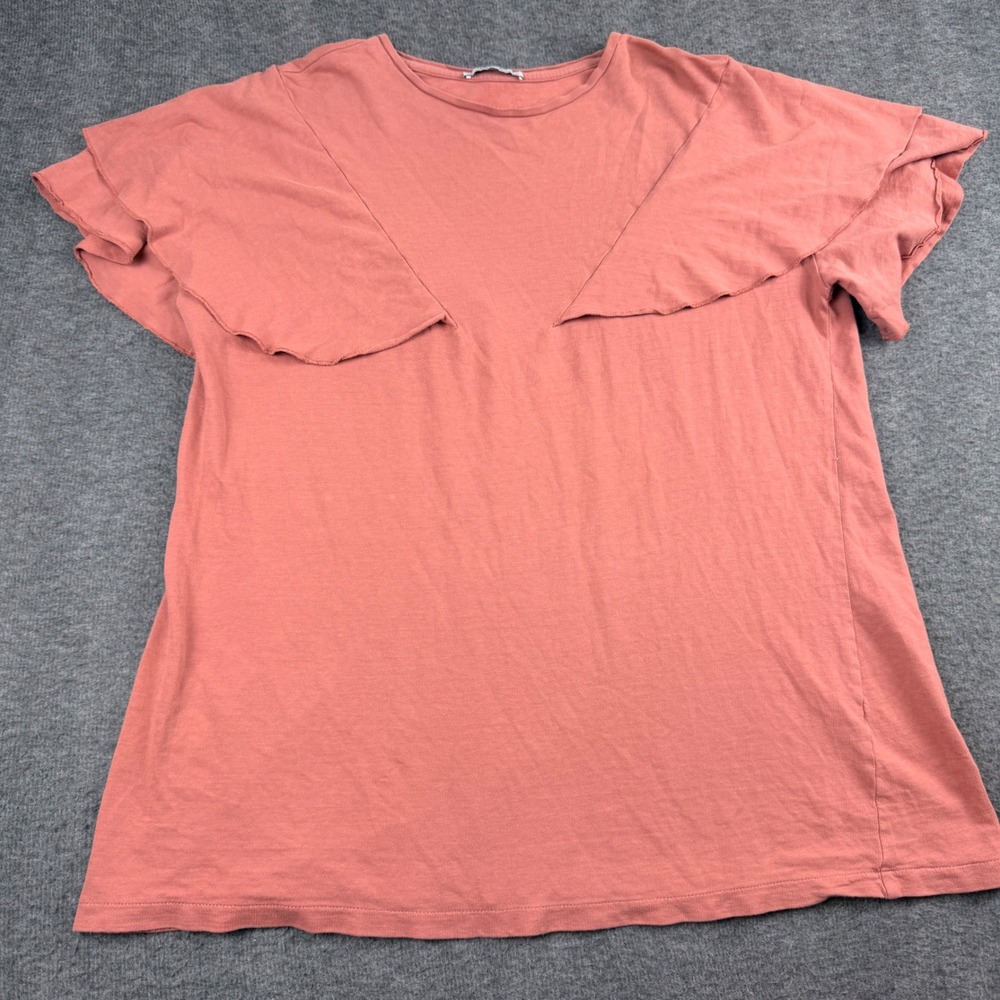Zara Trafaluc T-Shirt Women's M Medium Pink Ruffle Flutter Sleeve Crew‎ Neck Top